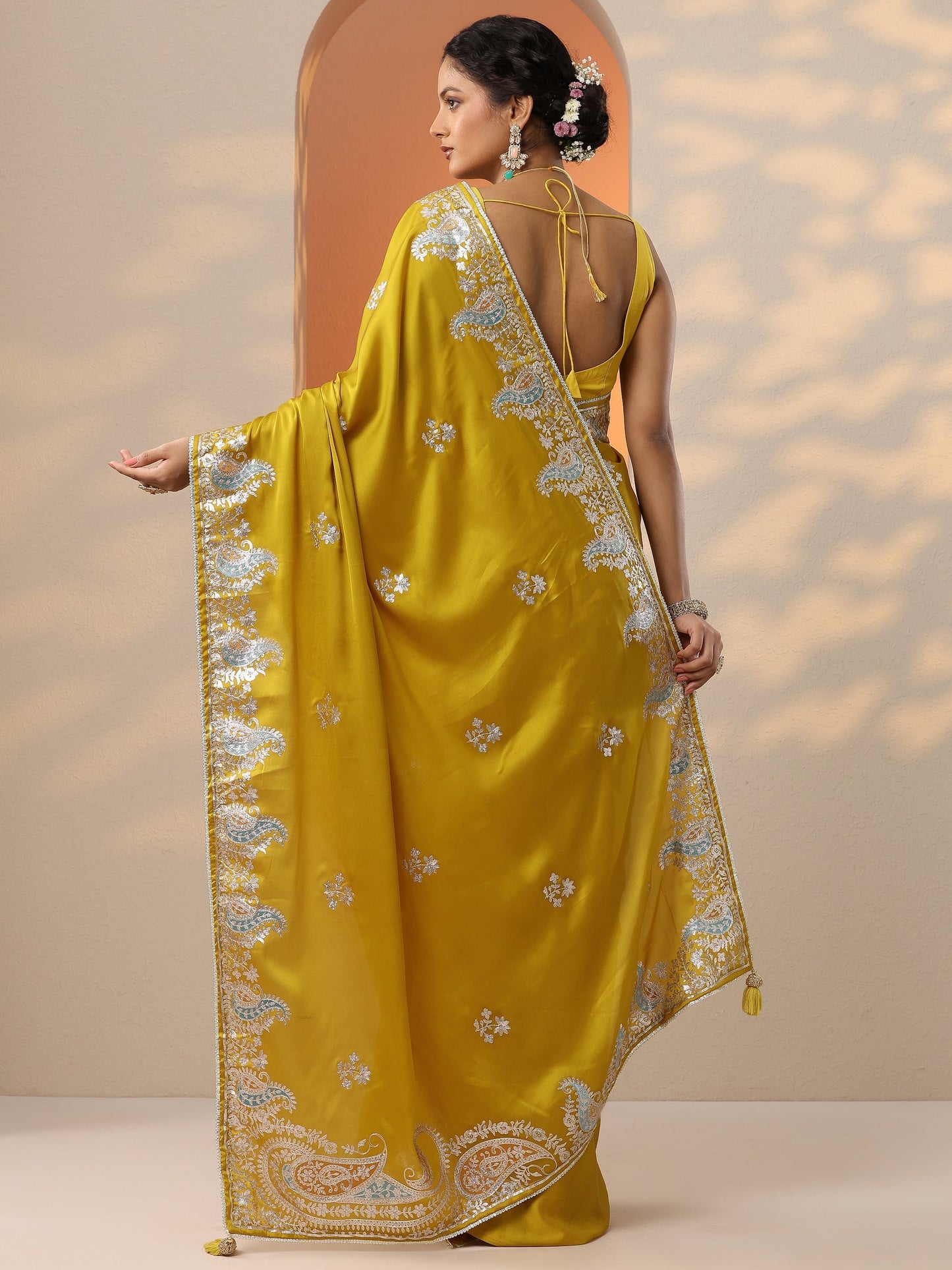 Mustard Embroidered Satin Saree With Unstitched Blouse Piece