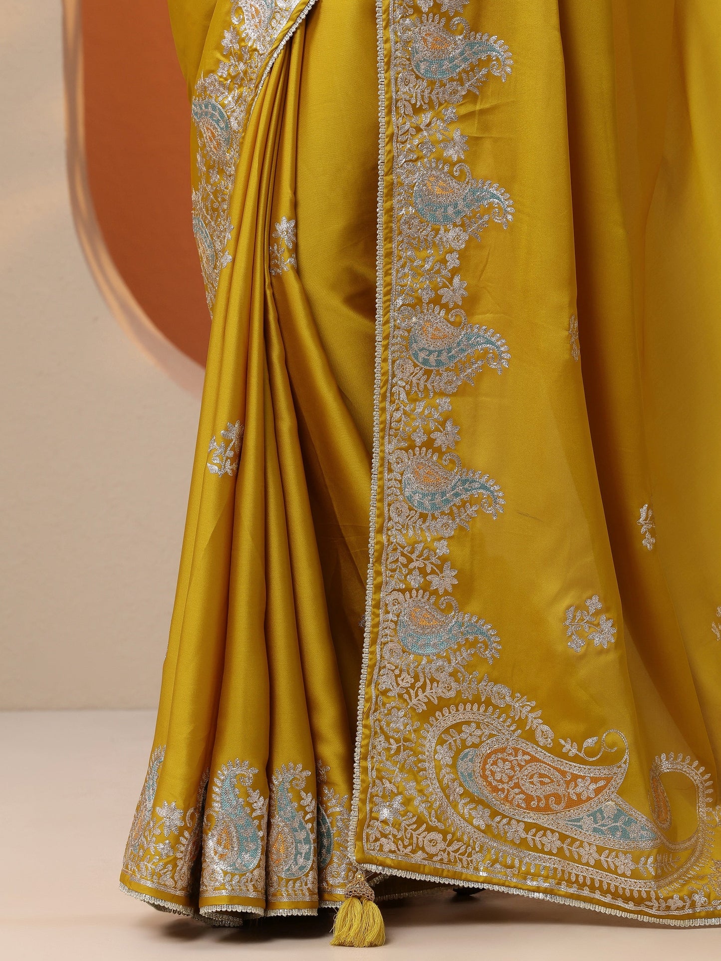 Mustard Embroidered Satin Saree With Unstitched Blouse Piece