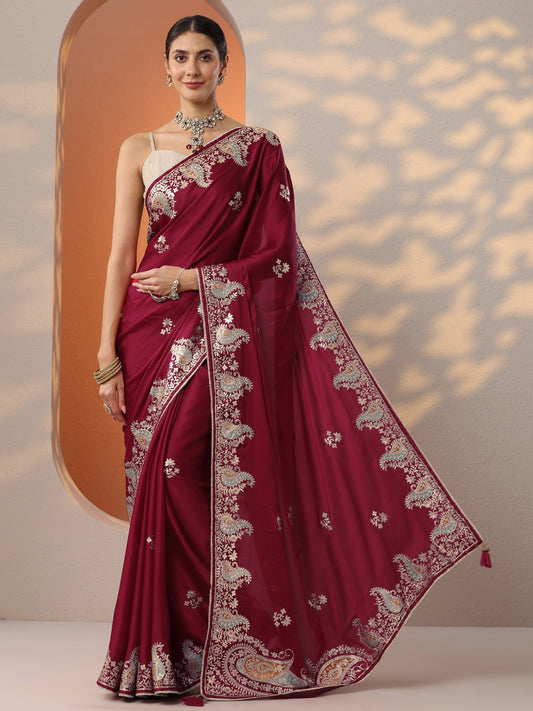 Maroon Embroidered Satin Saree With Unstitched Blouse Piece
