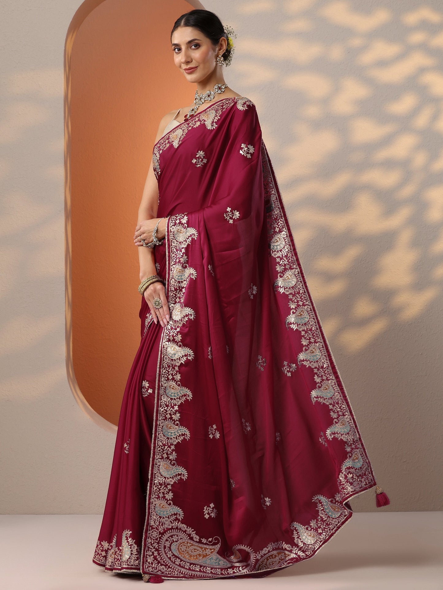 Maroon Embroidered Satin Saree With Unstitched Blouse Piece