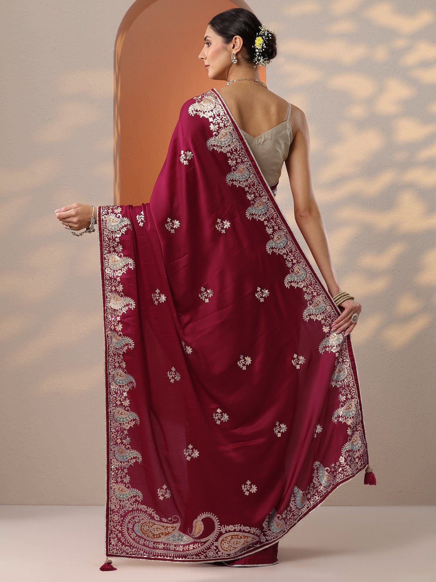 Maroon Embroidered Satin Saree With Unstitched Blouse Piece