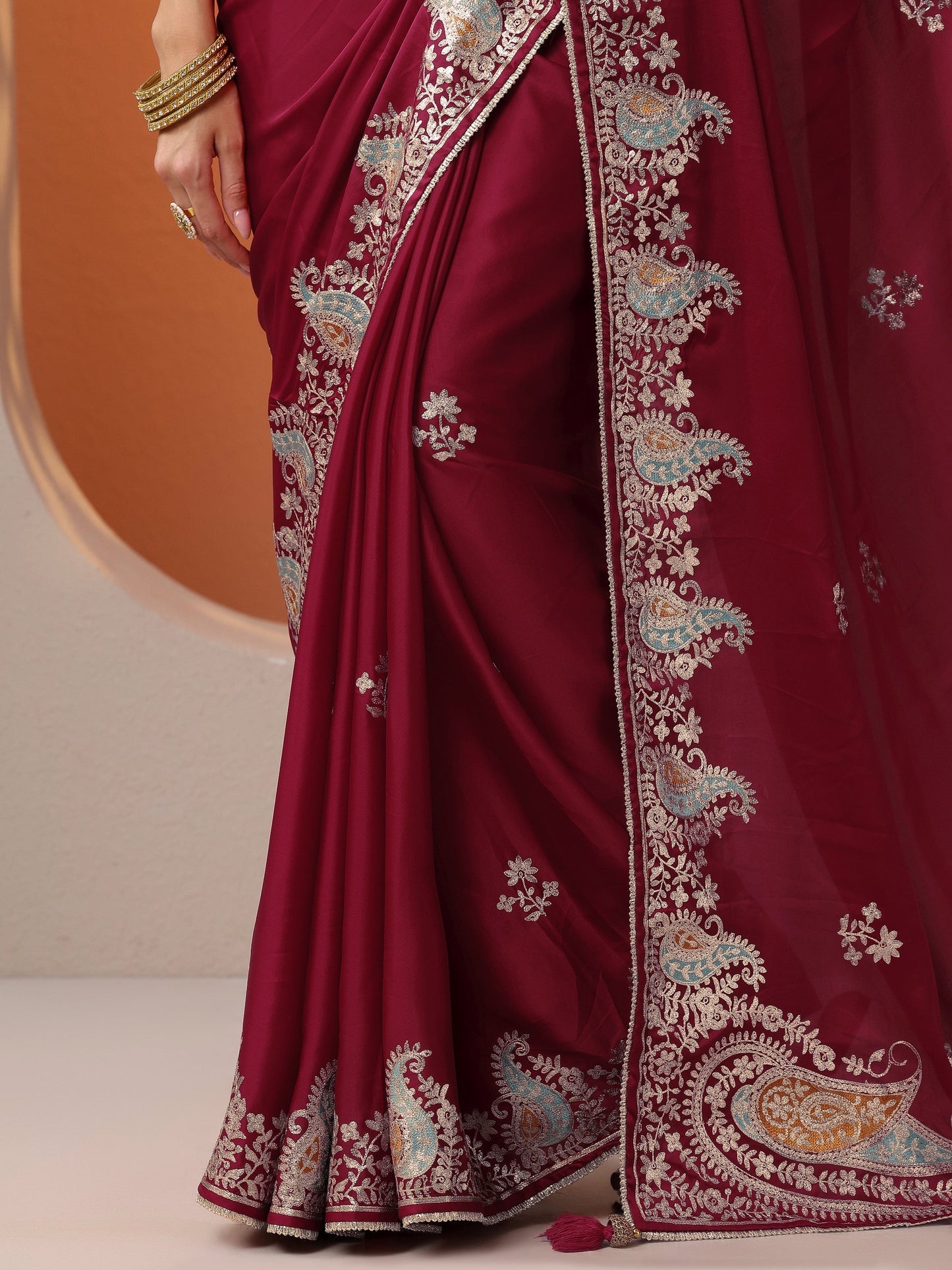 Maroon Embroidered Satin Saree With Unstitched Blouse Piece