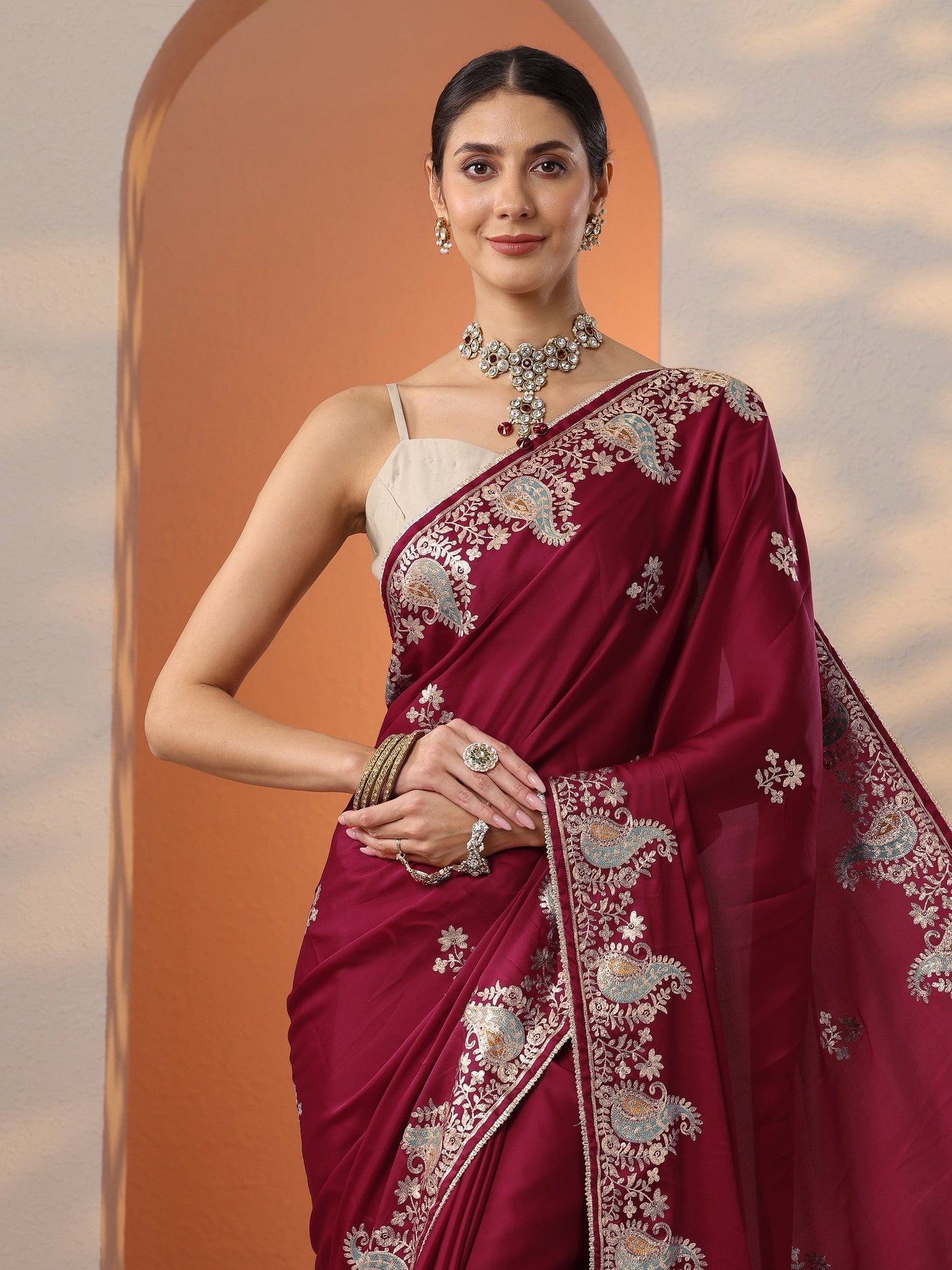 Maroon Embroidered Satin Saree With Unstitched Blouse Piece