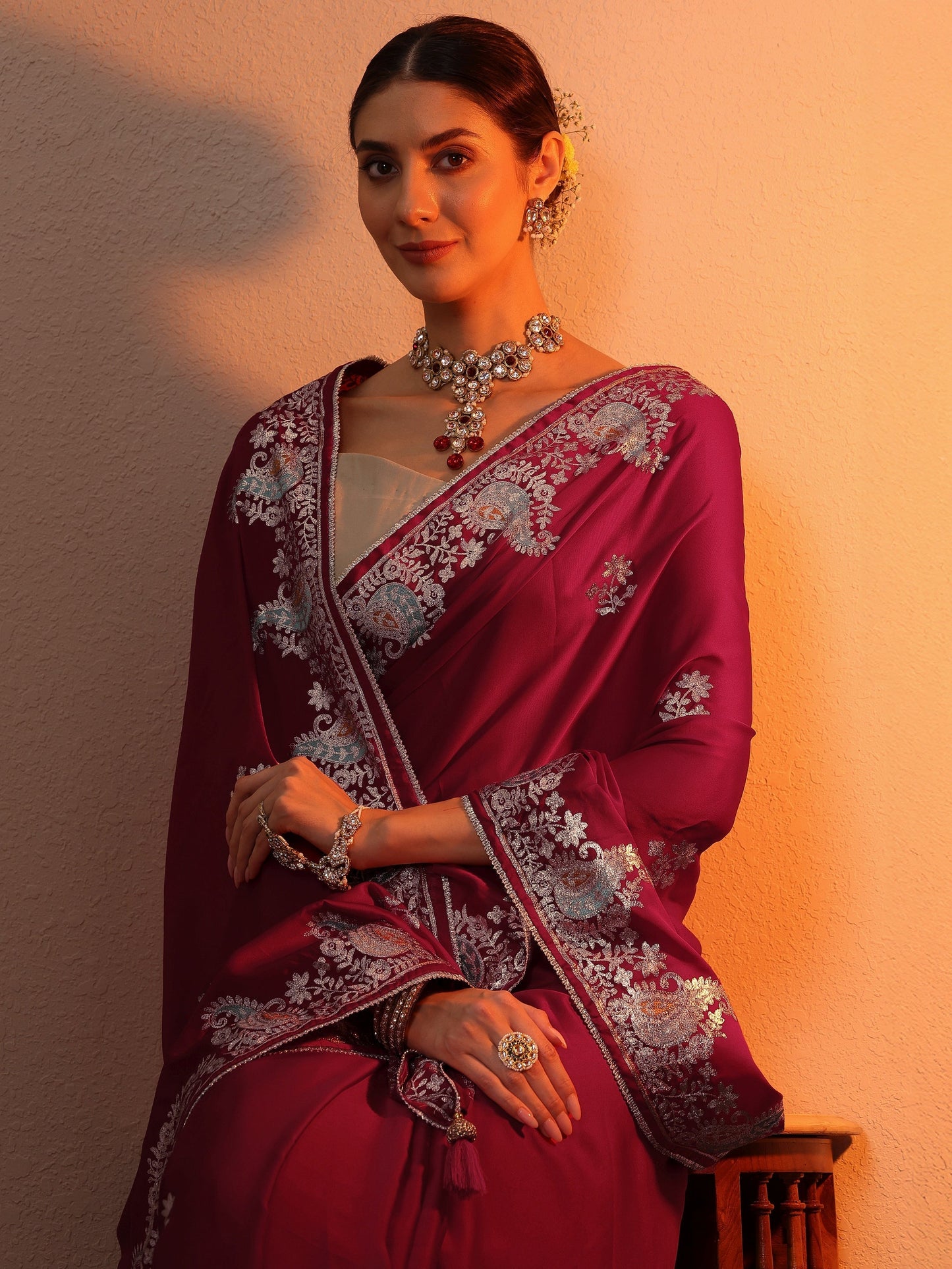 Maroon Embroidered Satin Saree With Unstitched Blouse Piece