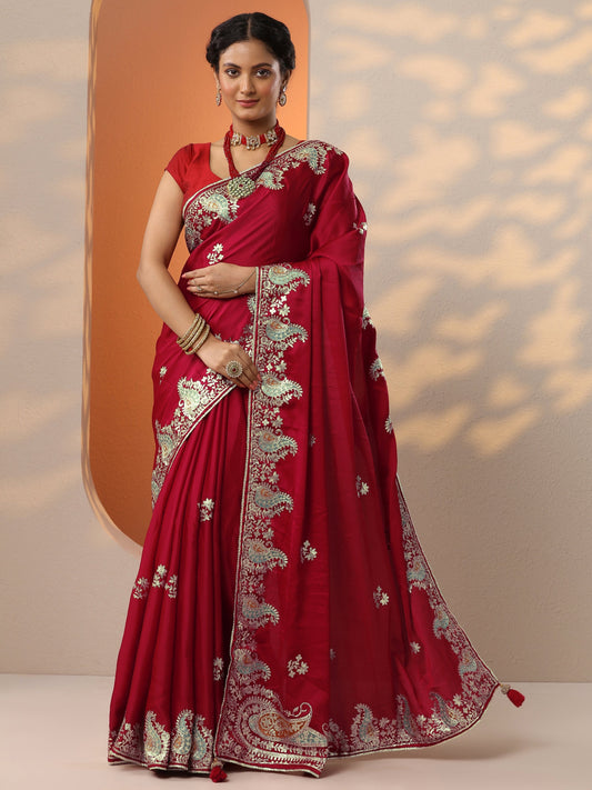 Red Embroidered Satin Saree With Unstitched Blouse Piece
