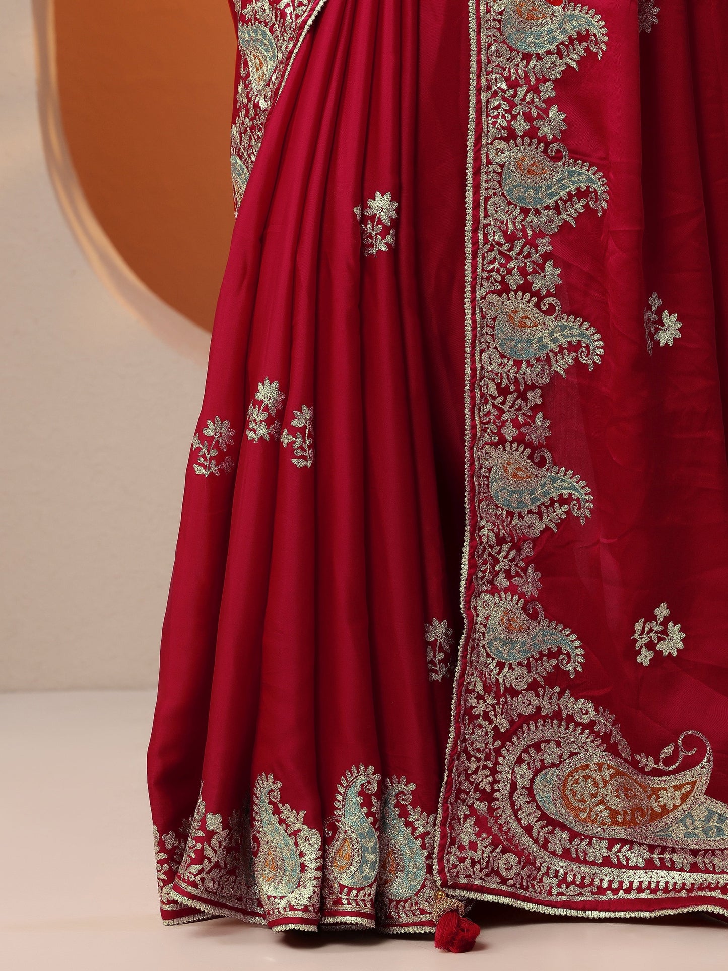 Red Embroidered Satin Saree With Unstitched Blouse Piece