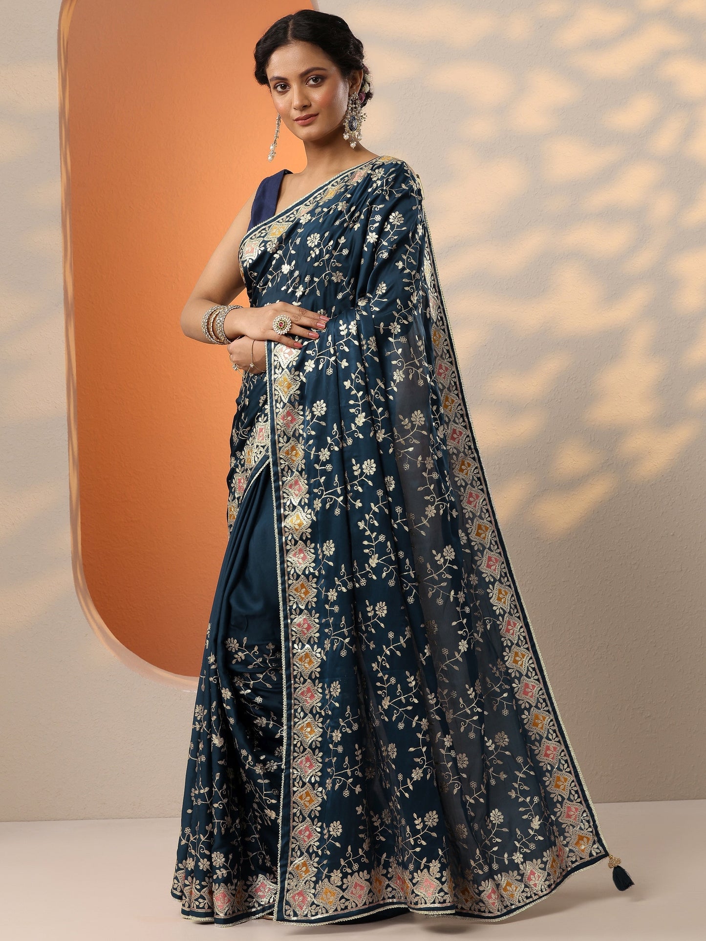 Blue Embroidered Satin Saree With Unstitched Blouse Piece