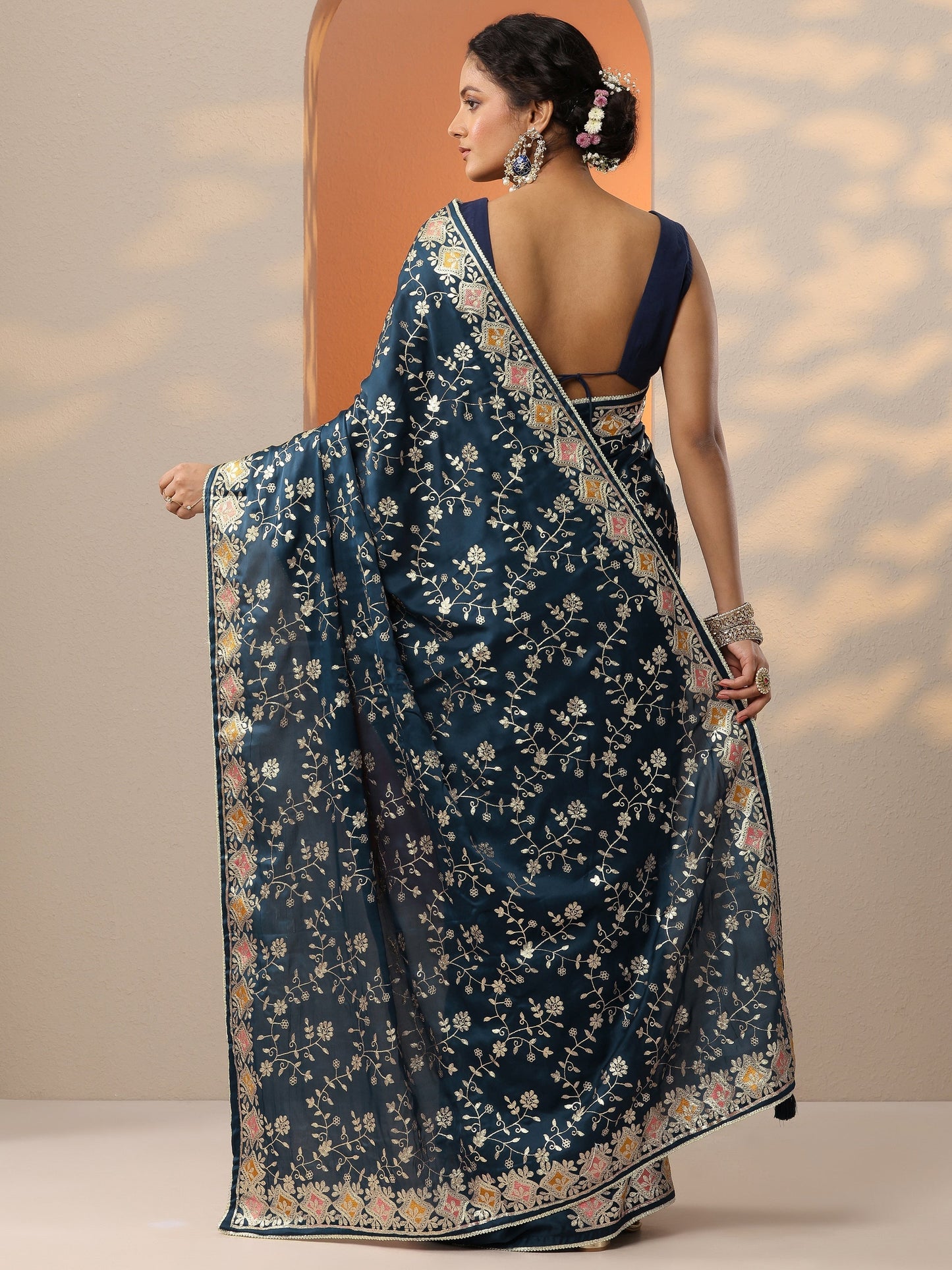 Blue Embroidered Satin Saree With Unstitched Blouse Piece