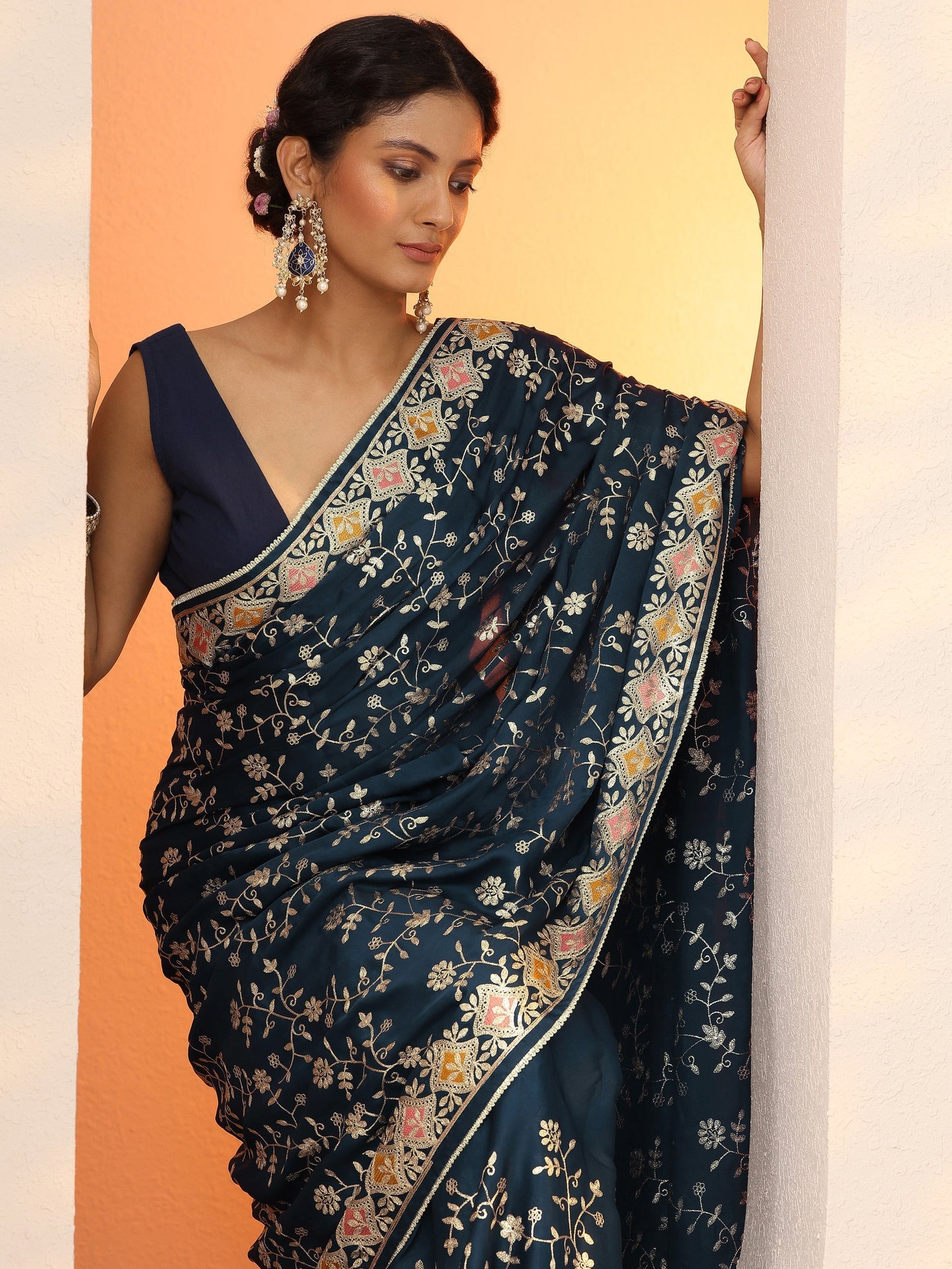 Blue Embroidered Satin Saree With Unstitched Blouse Piece