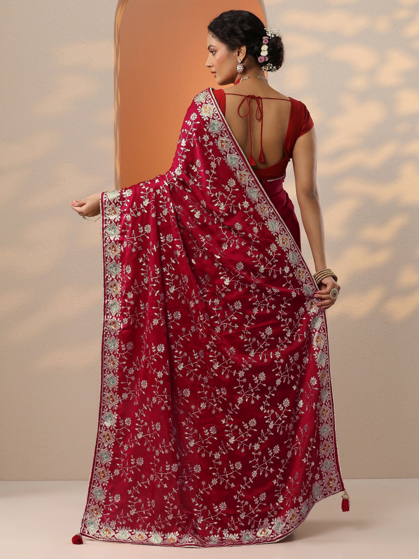Red Embroidered Satin Saree With Unstitched Blouse Piece