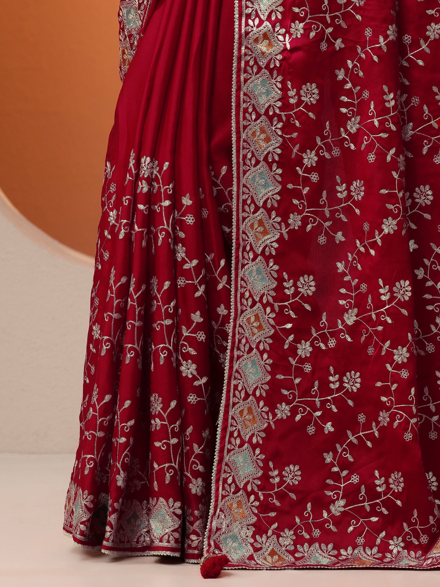 Red Embroidered Satin Saree With Unstitched Blouse Piece