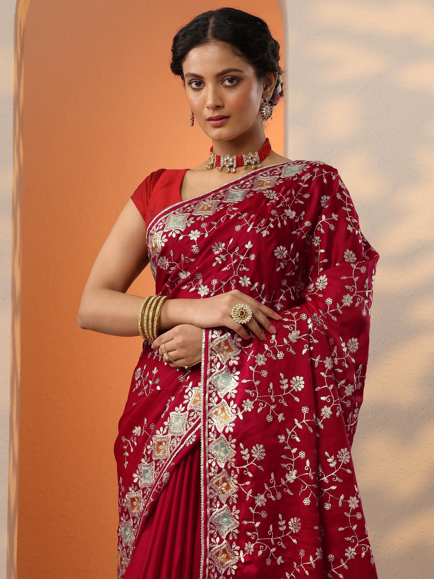 Red Embroidered Satin Saree With Unstitched Blouse Piece