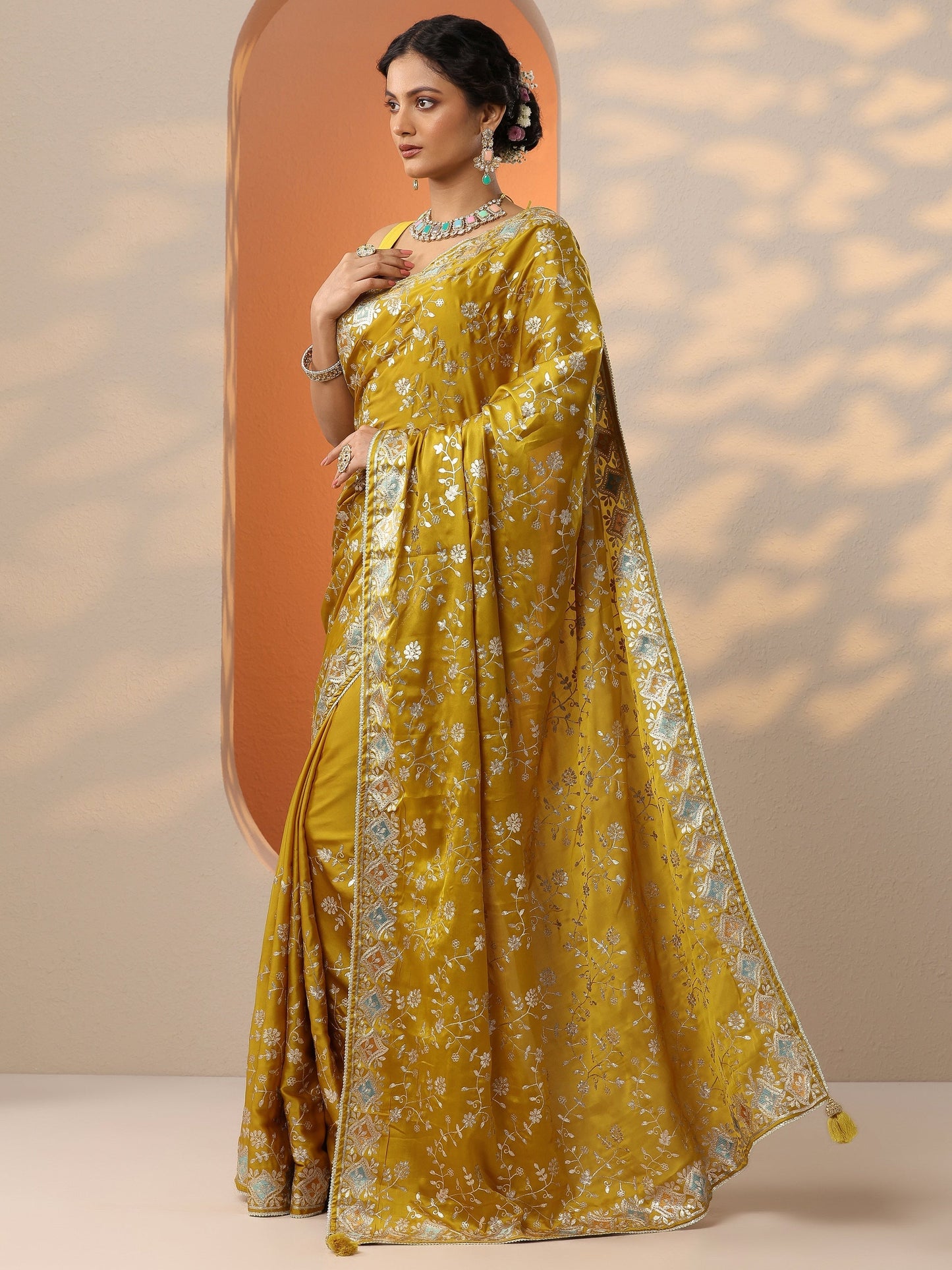 Mustard Embroidered Satin Saree With Unstitched Blouse Piece