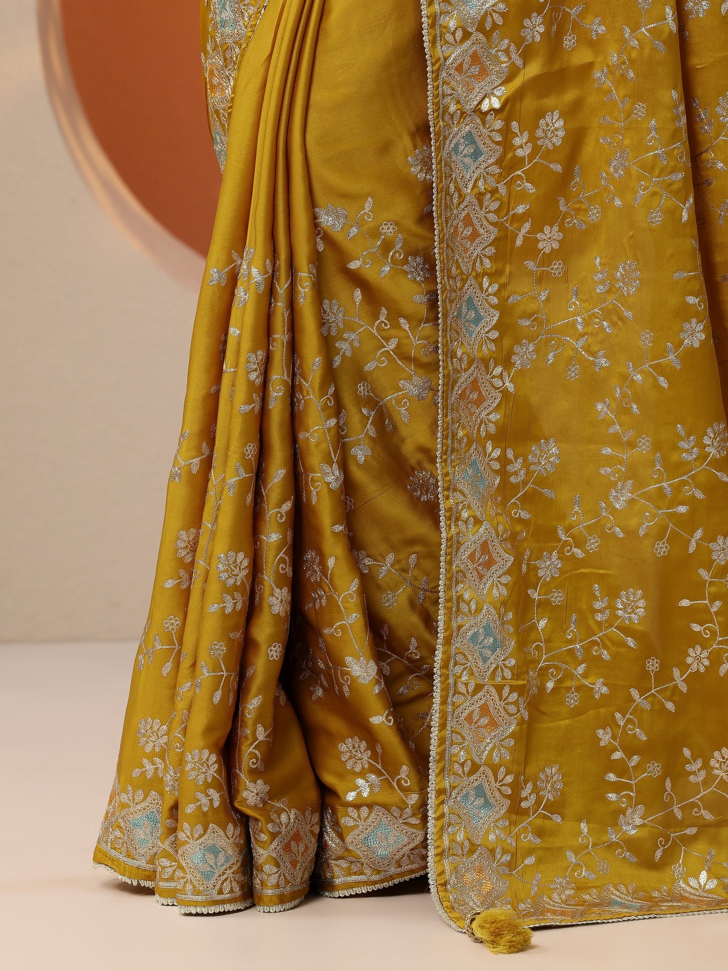 Mustard Embroidered Satin Saree With Unstitched Blouse Piece