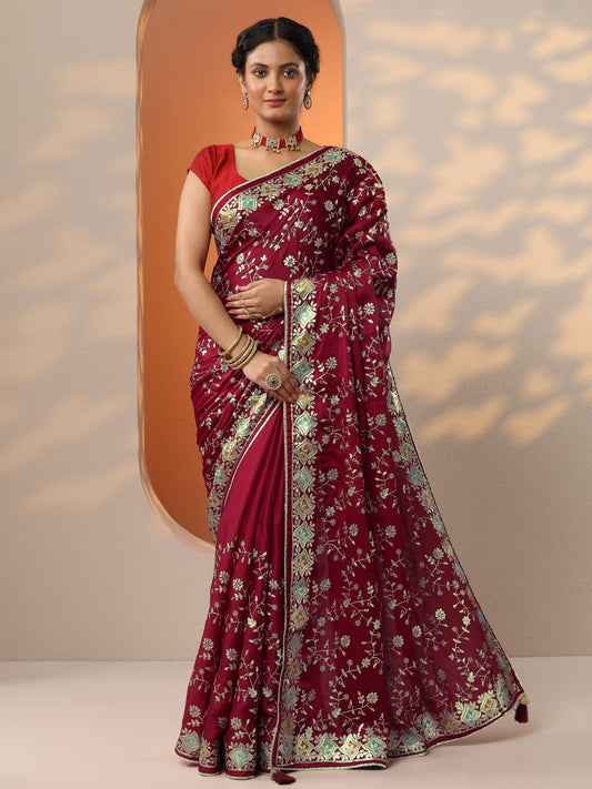 Maroon Embroidered Banarasi Satin Saree With Unstitched Blouse Piece