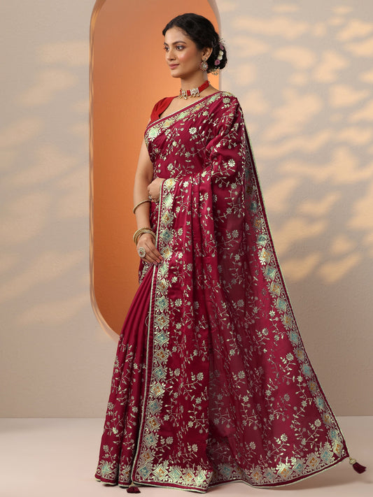 Maroon Embroidered Banarasi Satin Saree With Unstitched Blouse Piece