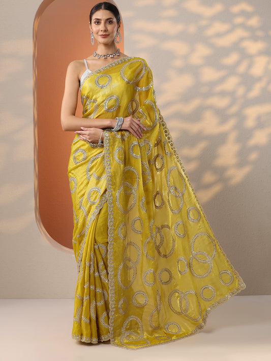 Yellow Embroidered Organza Saree With Unstitched Blouse Piece