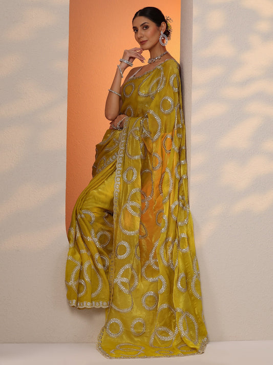 Yellow Embroidered Organza Saree With Unstitched Blouse Piece