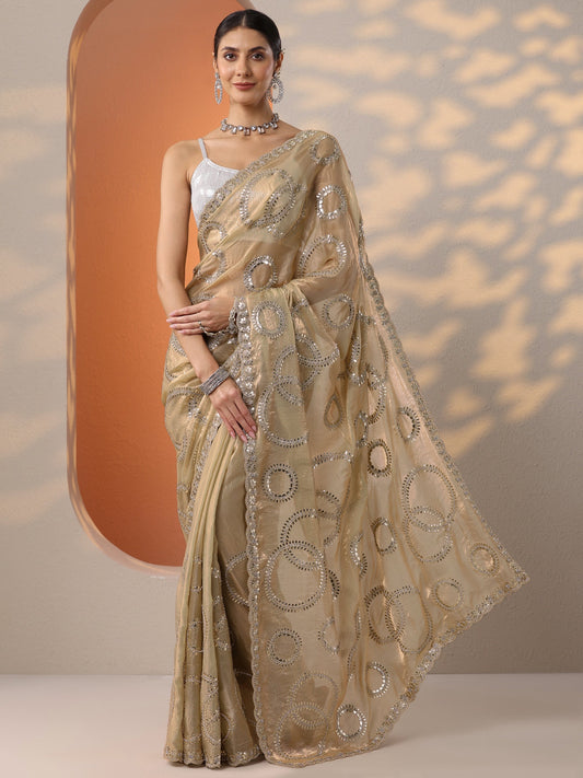 Gold Embroidered Organza Saree With Unstitched Blouse Piece