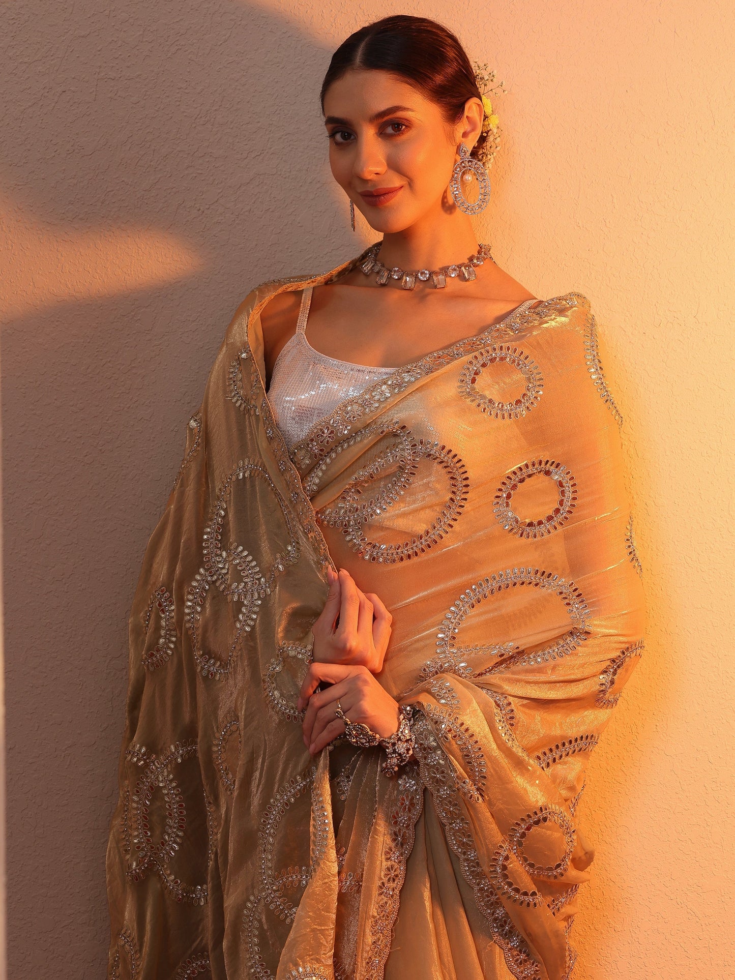 Gold Embroidered Organza Saree With Unstitched Blouse Piece