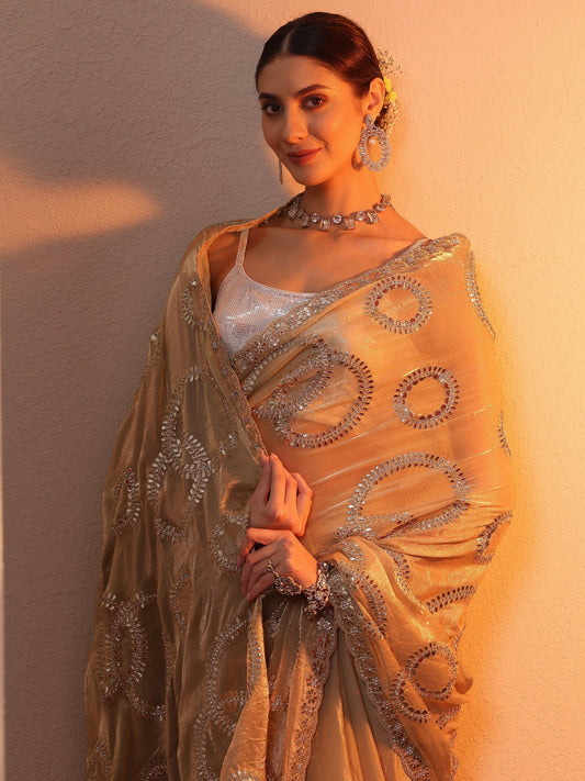 Gold Embroidered Organza Saree With Unstitched Blouse Piece