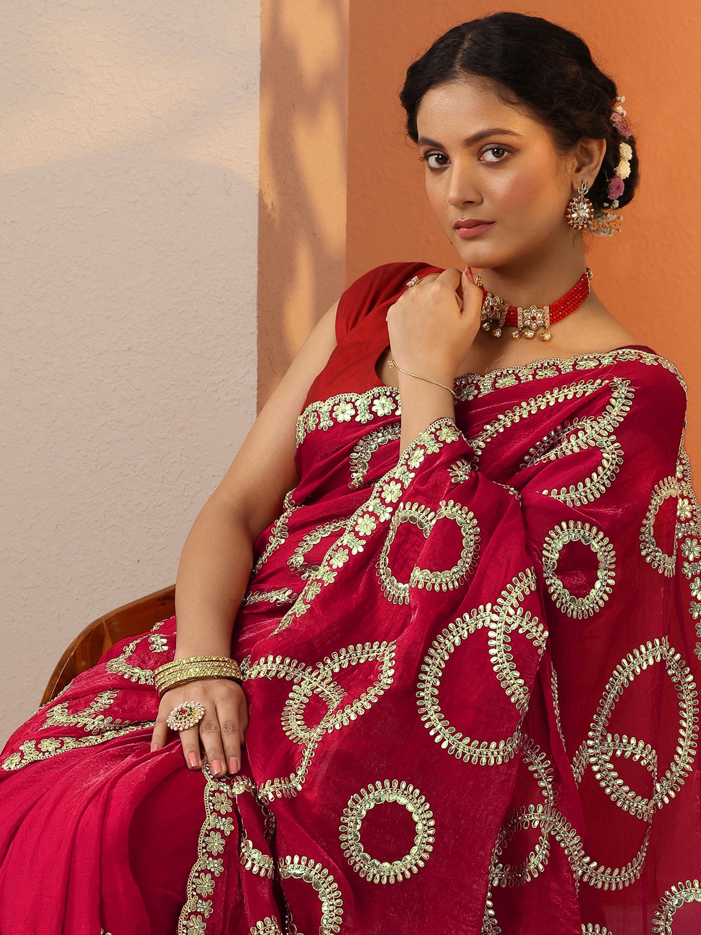 Pink Embroidered Organza Saree With Unstitched Blouse Piece