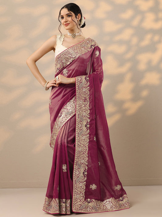 Mauve Embroidered Silk Blend Saree With Unstitched Blouse Piece