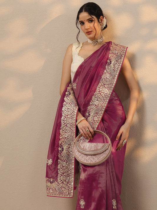 Mauve Embroidered Silk Blend Saree With Unstitched Blouse Piece
