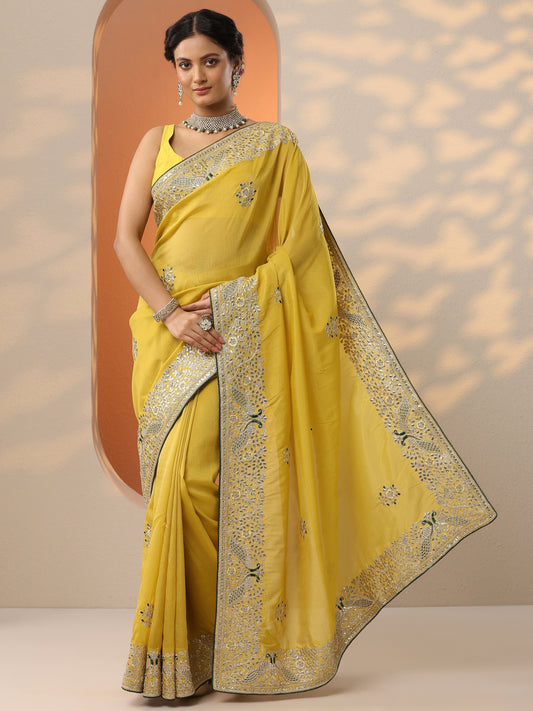 Mustard Embroidered Silk Blend Saree With Unstitched Blouse Piece