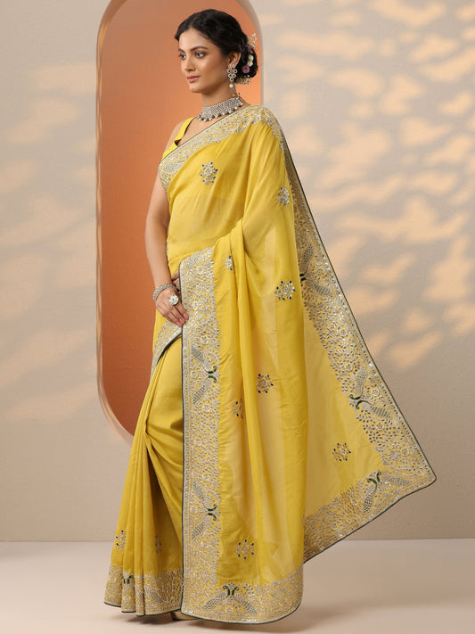 Mustard Embroidered Silk Blend Saree With Unstitched Blouse Piece