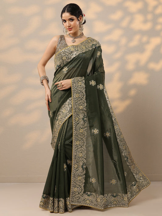 Green Embroidered Silk Blend Saree With Unstitched Blouse Piece
