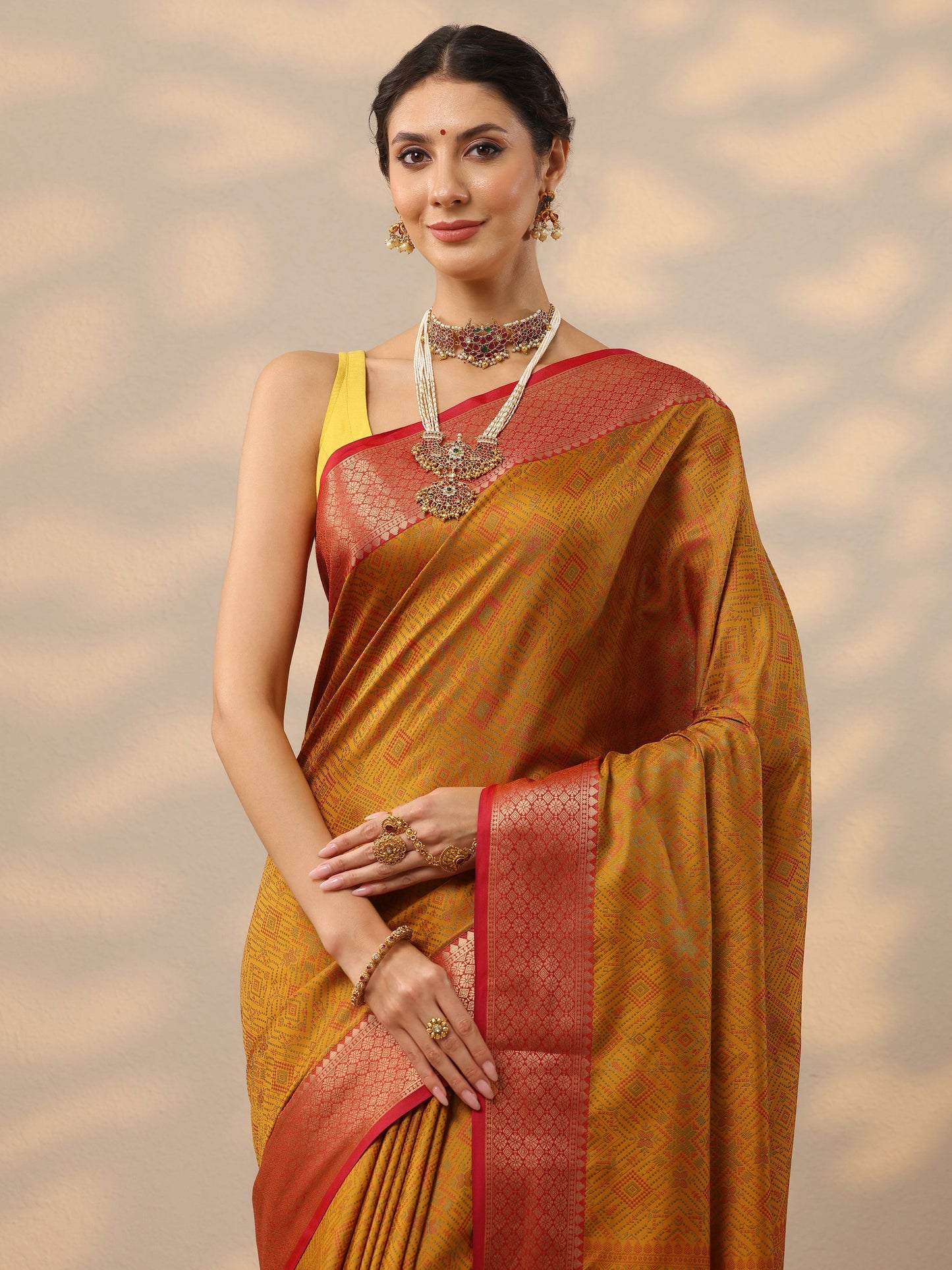 Mustard Woven Design Banarasi Silk Blend Saree With Unstitched Blouse Piece