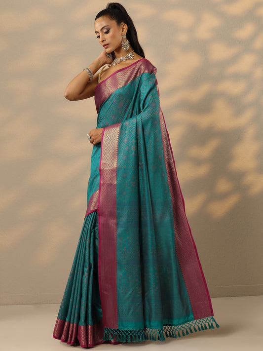 Blue Woven Design Banarasi Silk Blend Saree With Unstitched Blouse Piece