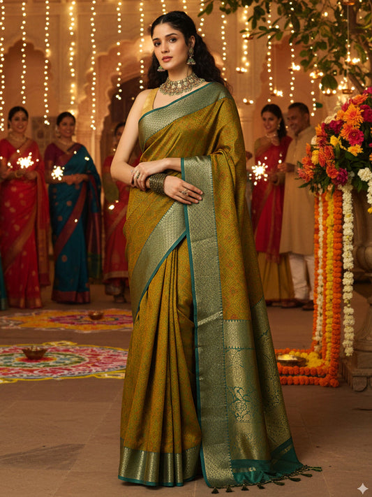 Green Woven Design Kanjeevaram Silk Blend Saree With Unstitched Blouse Piece