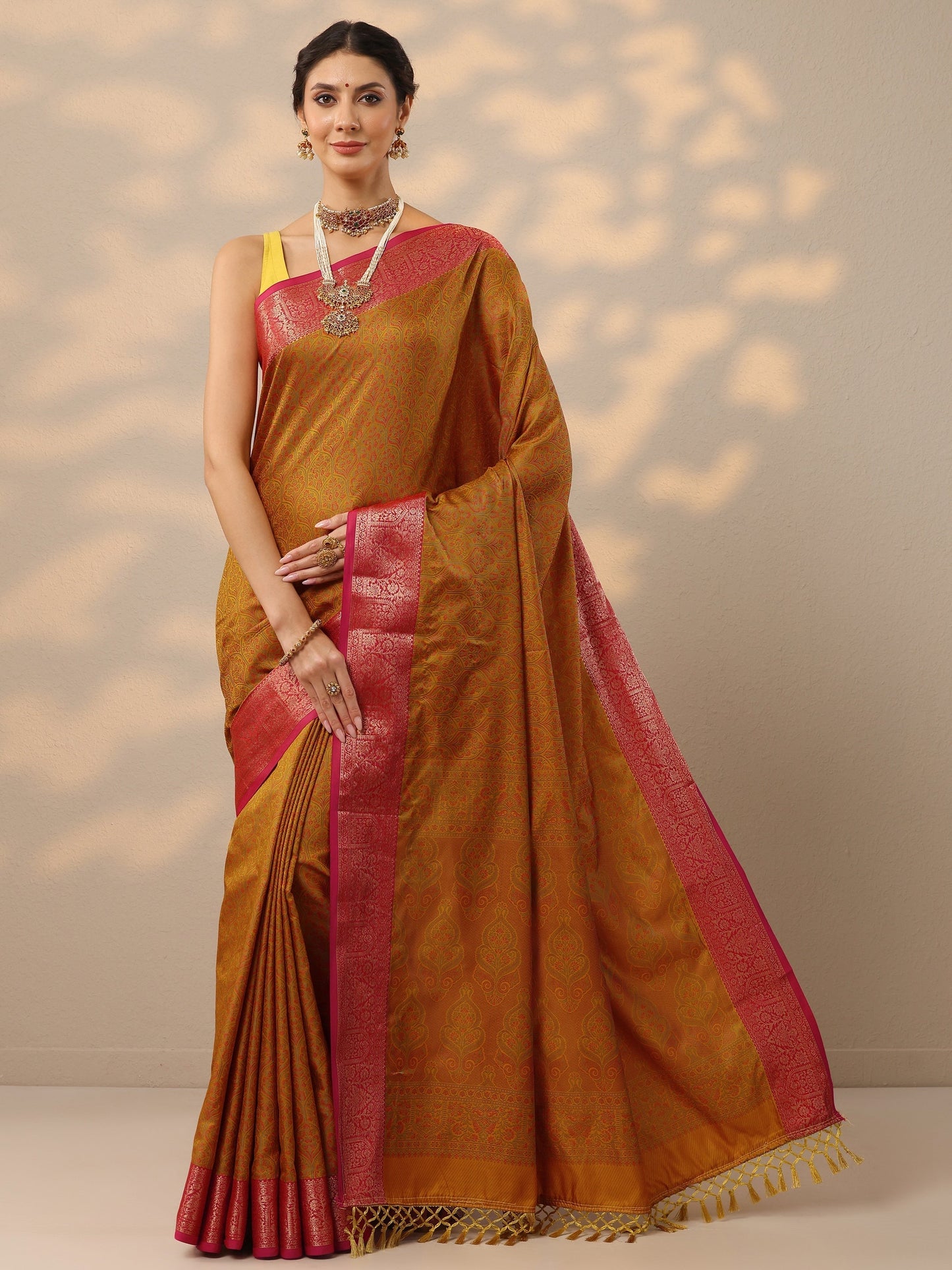 Mustard Woven Design Banarasi Silk Blend Saree With Unstitched Blouse Piece