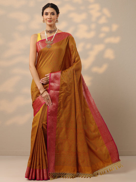 Mustard Woven Design Banarasi Silk Blend Saree With Unstitched Blouse Piece