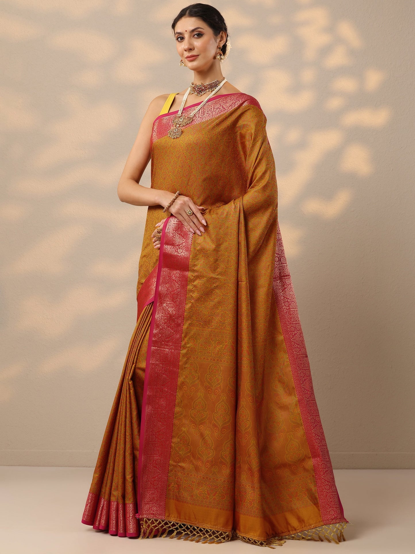Mustard Woven Design Banarasi Silk Blend Saree With Unstitched Blouse Piece