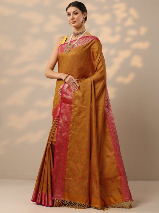 Mustard Woven Design Banarasi Silk Blend Saree With Unstitched Blouse Piece
