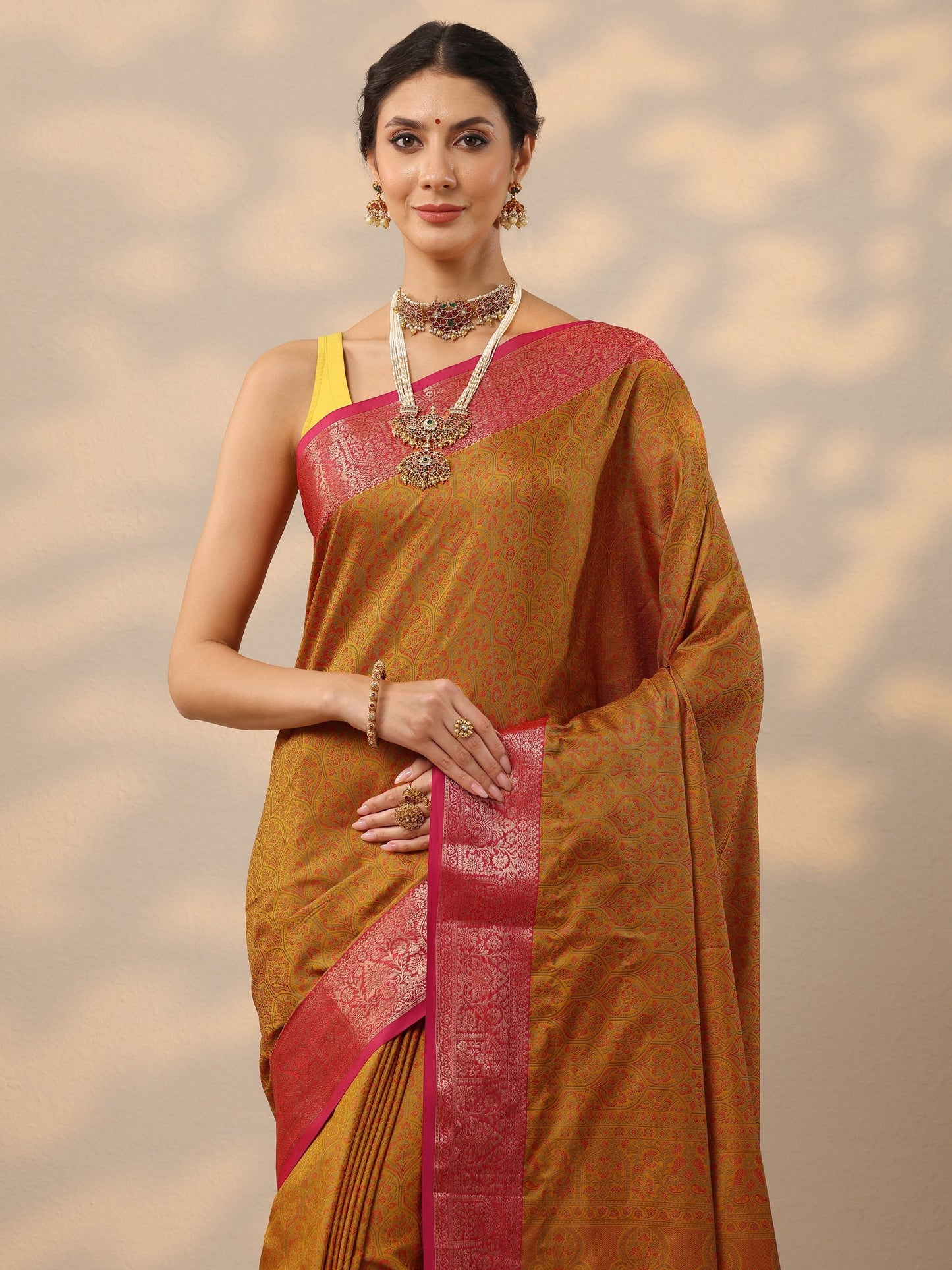 Mustard Woven Design Banarasi Silk Blend Saree With Unstitched Blouse Piece