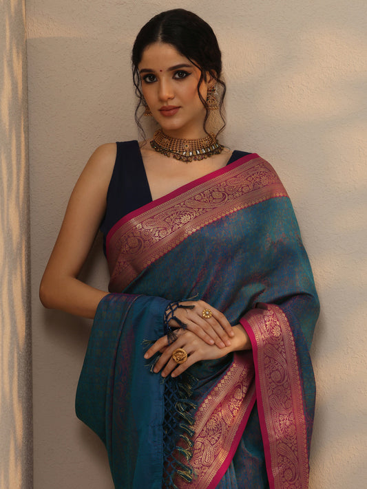 Blue Woven Design Silk blend Saree With Unstitched Blouse Piece