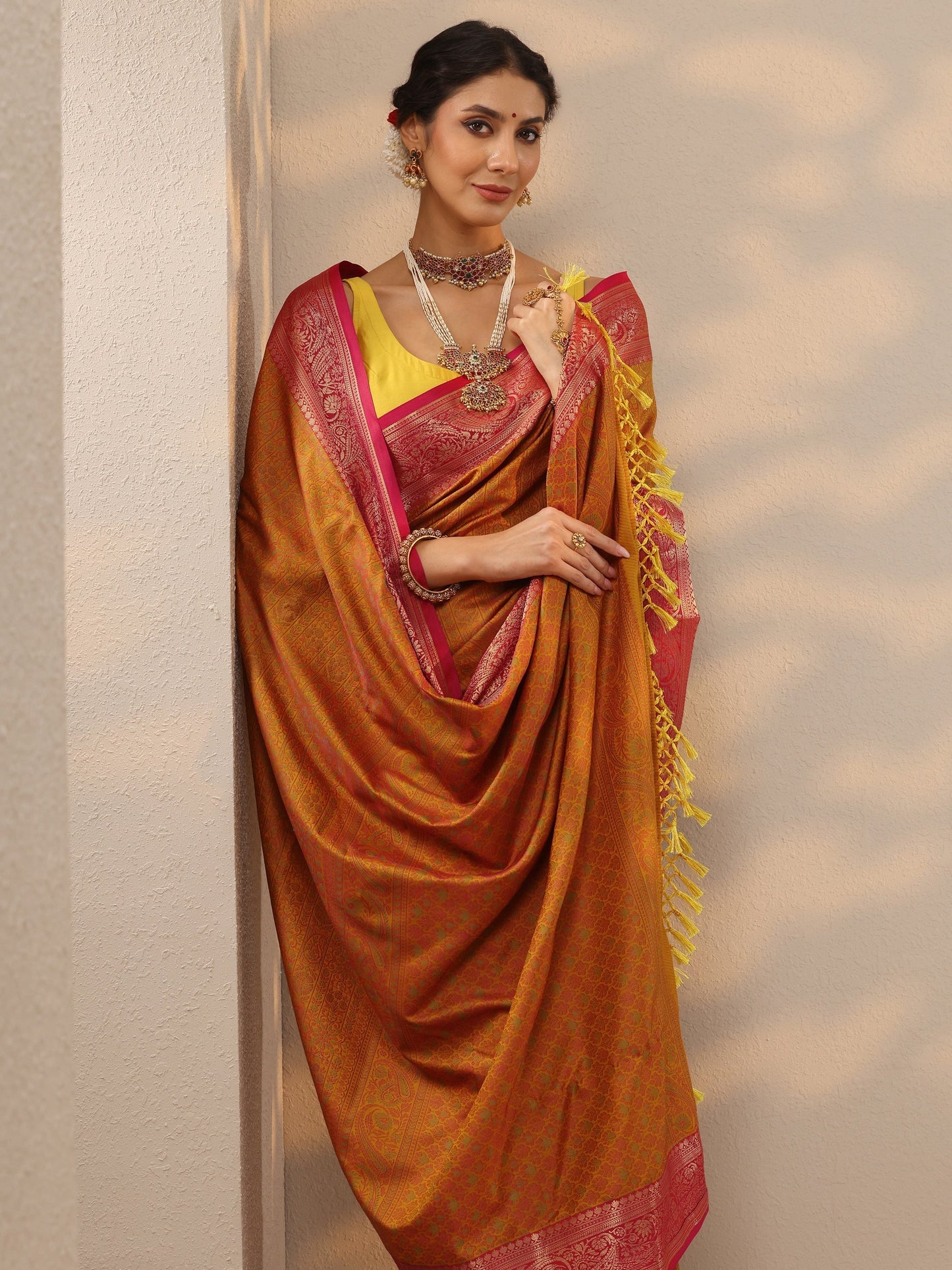 Mustard Woven Design Banarasi Silk Blend Saree With Unstitched Blouse Piece