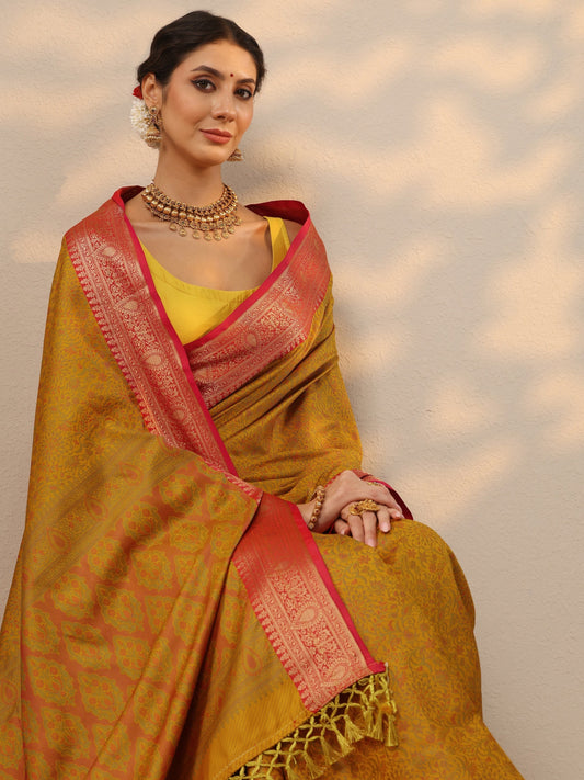 Mustard Woven Design Banarasi Silk Blend Saree With Unstitched Blouse Piece