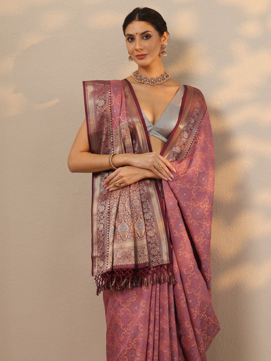 Mauve Woven Design Banarasi Silk Blend Saree With Unstitched Blouse Piece