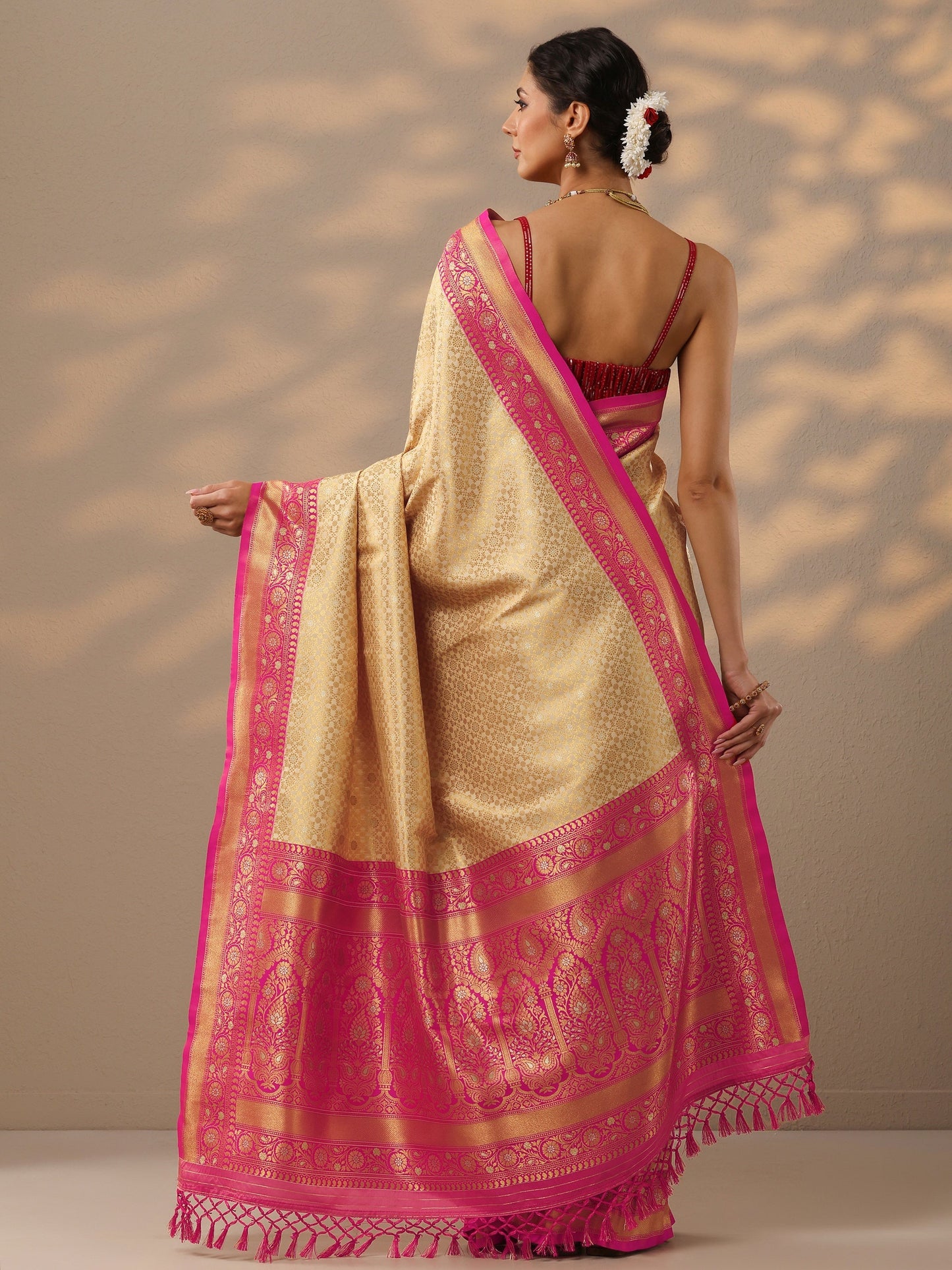 Beige Woven Design Banarasi Silk Blend Saree With Unstitched Blouse Piece