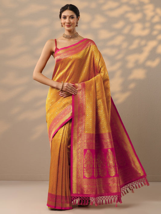 Orange Woven Design Banarasi Silk Blend Saree With Unstitched Blouse Piece