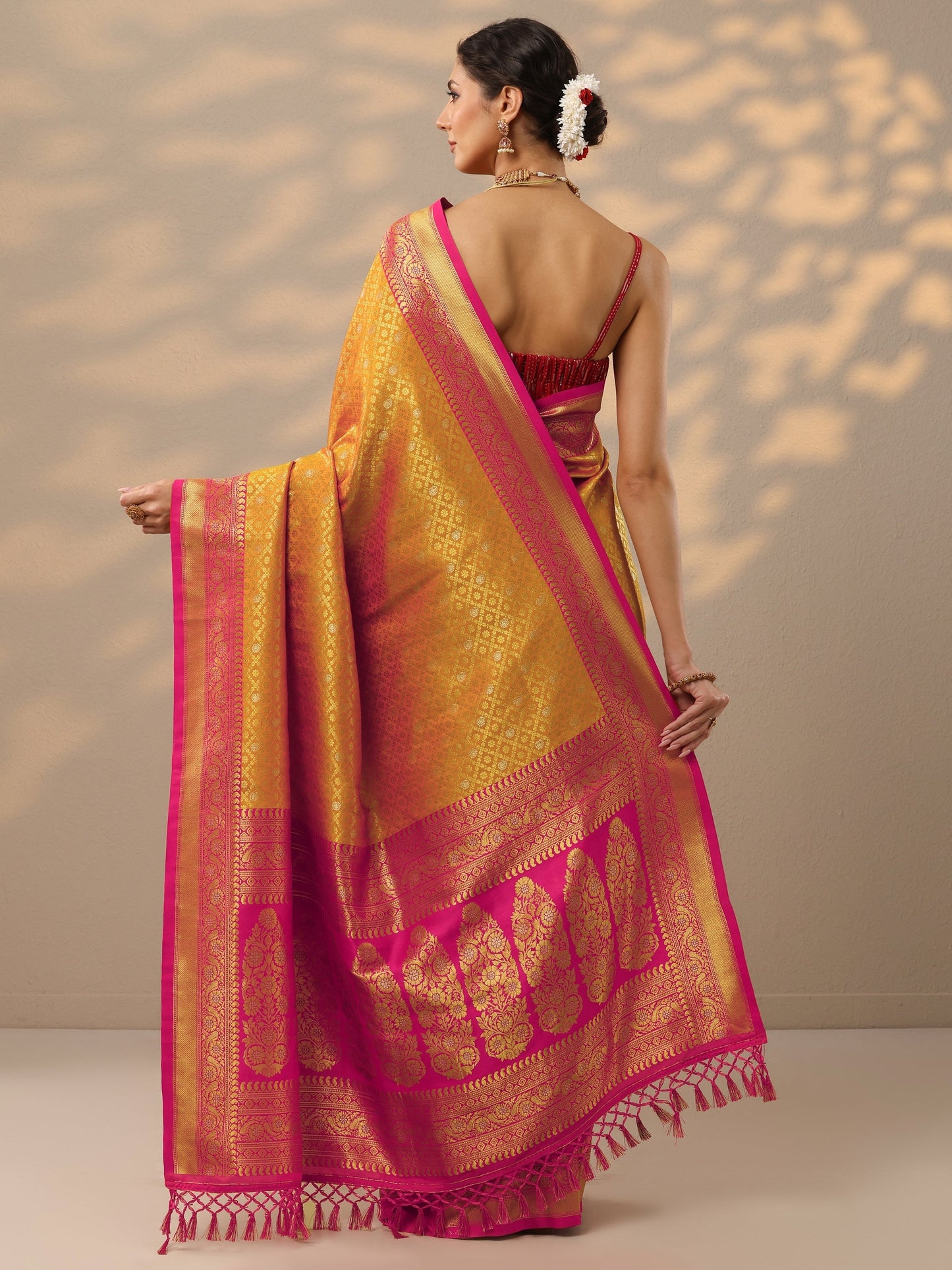 Orange Woven Design Banarasi Silk Blend Saree With Unstitched Blouse Piece