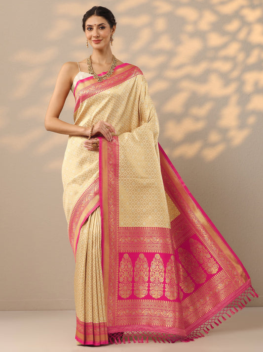 Beige Woven Design Banarasi Silk Blend Saree With Unstitched Blouse Piece
