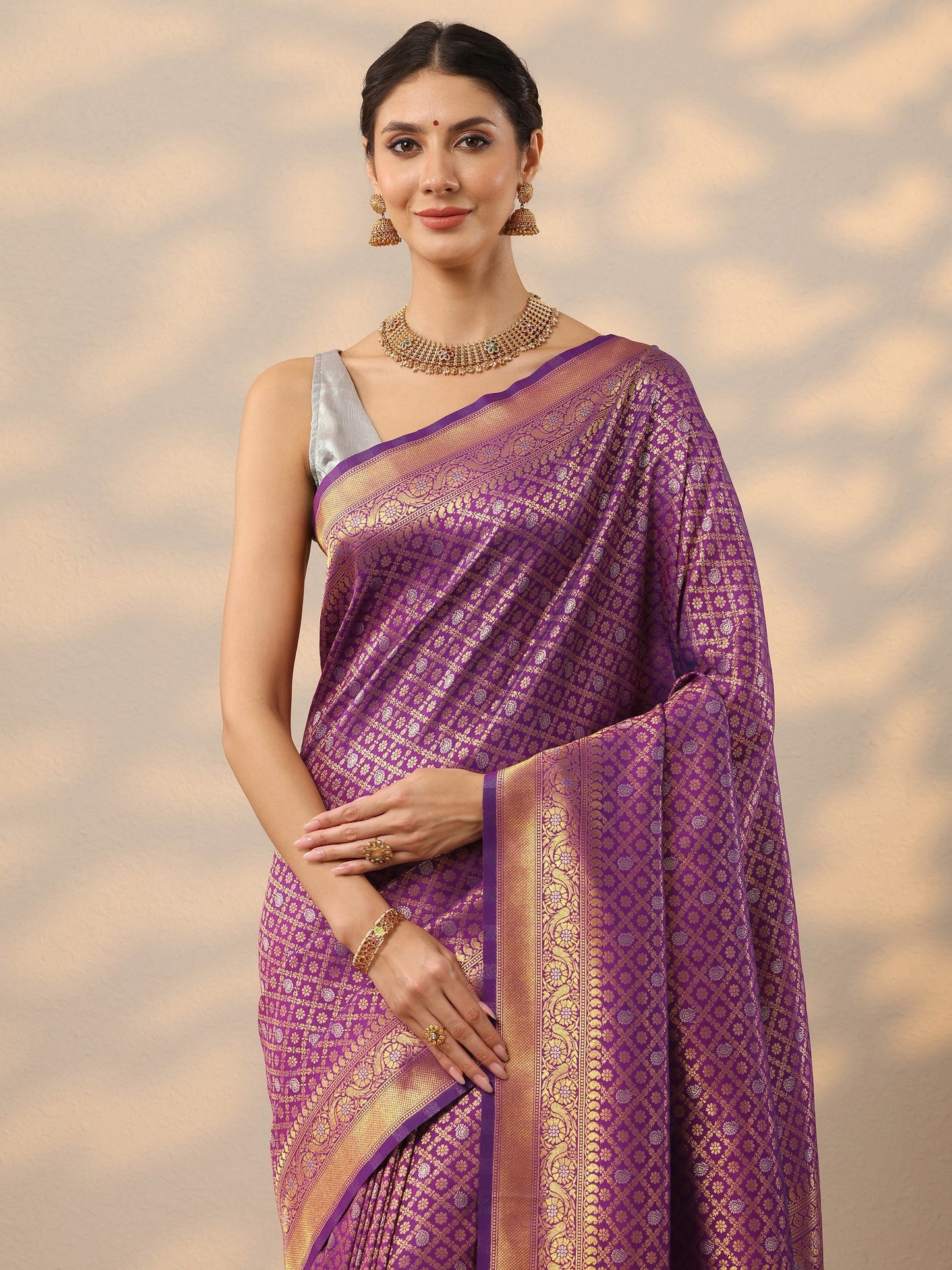 Purple Woven Design Banarasi Silk Blend Saree With Unstitched Blouse Piece