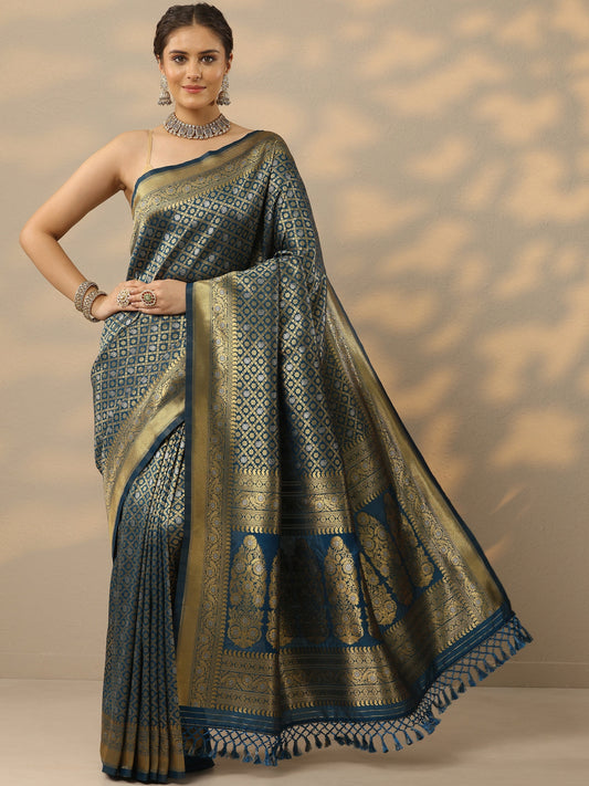 Blue Woven Design Banarasi Silk Blend Saree With Unstitched Blouse Piece