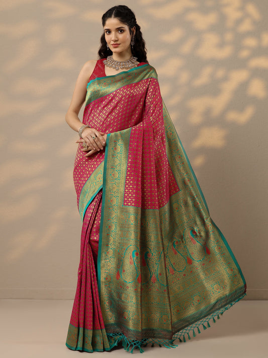 Pink Woven Design Banarasi Silk Blend Saree With Unstitched Blouse Piece